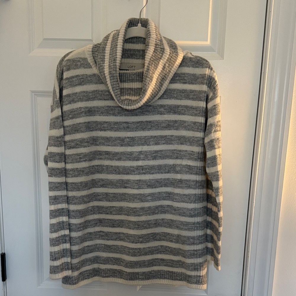 LOFT Striped Cowl Neck Sweater in Gray and Cream